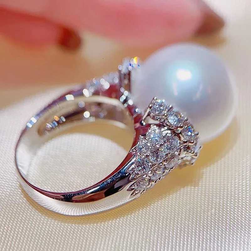 Trendy White Big Pearl Cubic Zirconia Rings for Women Gorgeous Engagement Wedding Bands 925 Sterling Silver Accessories Jewelry y250730