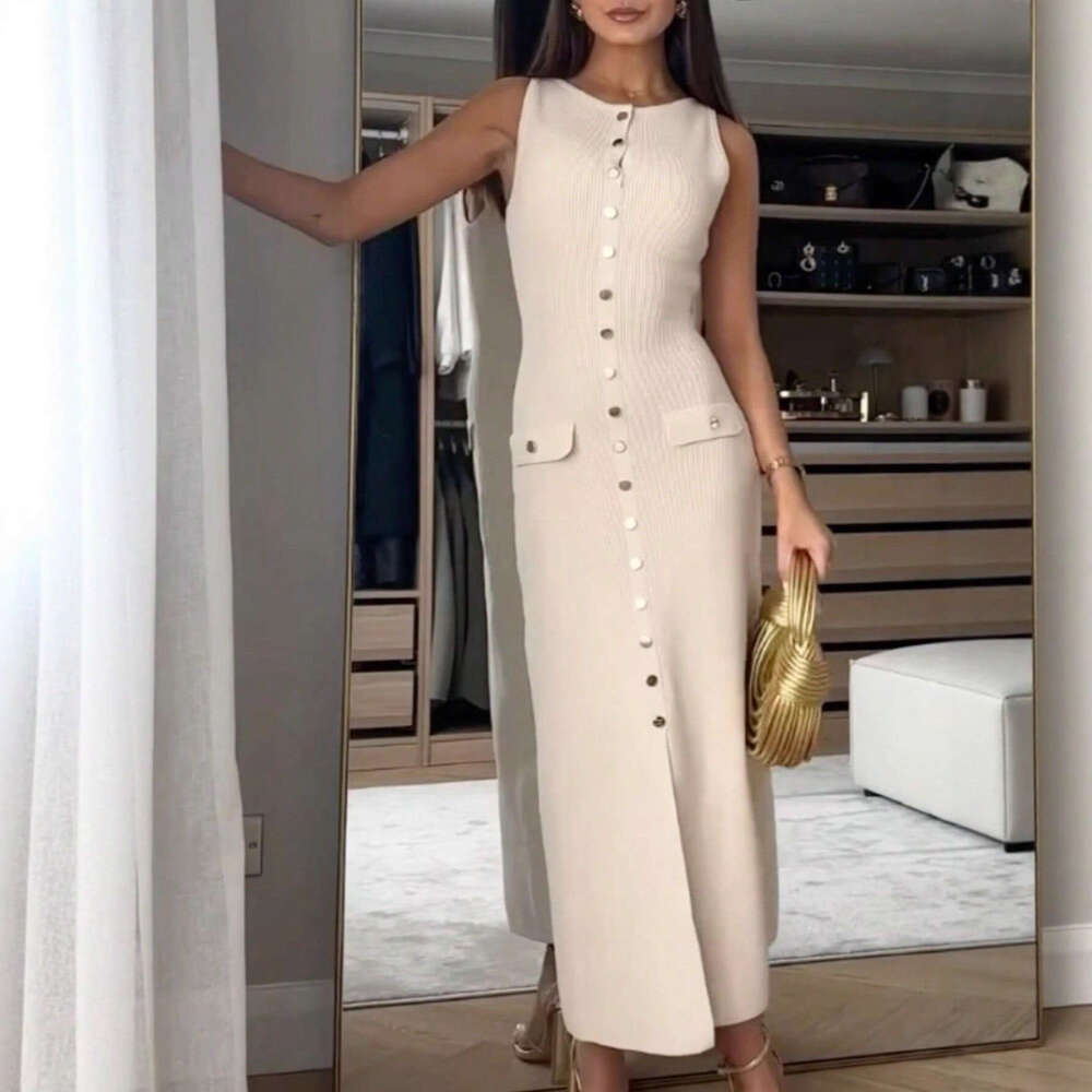 Elegant Women's Knitted Ribbed Long Round Neck Sleeveless Button Slim Fit Dress