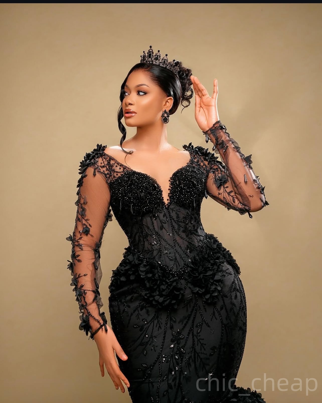 Black Mermaid Prom Dresses 2025 3D Floral Lace Pearls Full Sleeves Evening Formal Party Second Birthday Engagement Gowns Plus Size Dress For Special O