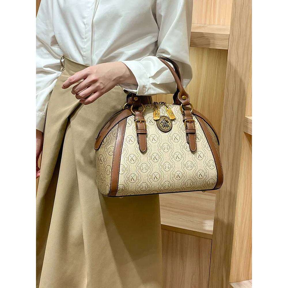 Khaki Retro Leather Women's Handbag Fashion Geometric Floral Shoulder Bag Hundred Splicing Color Collision Girls Crossbody