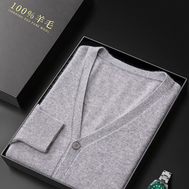 Mens 100% Pure Wool Cardigan 23 Autumn And Winter VNeck Loose Sweater With MiddleAged Coat Knitted Bottoming Shirt 250731