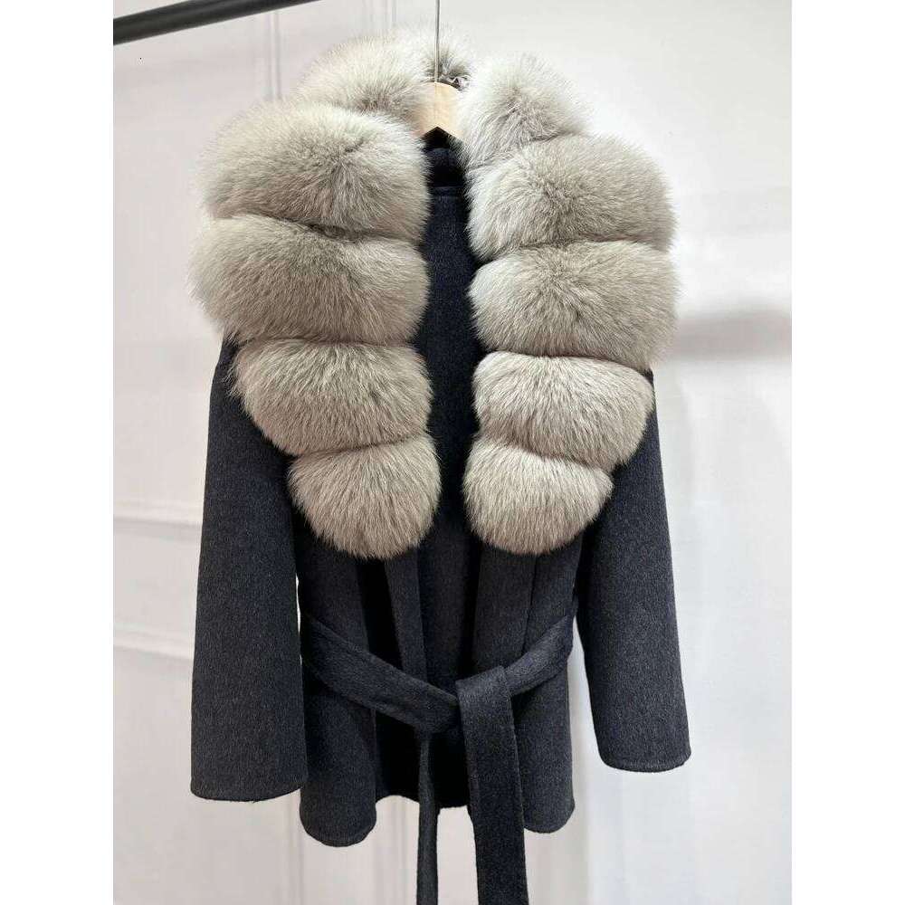 Designer Clothing Janveny Natural Fox Fur Wool Overcoat Autumn Winter Women's Short Loose Woolen Blends Coat Office Lady Elegant Cashmere Jacket 