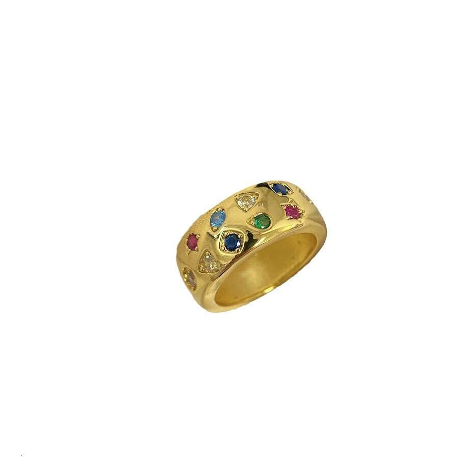 Korean Band Colorful Zircon Star Wide Face Inlaid Diamond Closed for Women Internet Celebrity Ins Style Ring