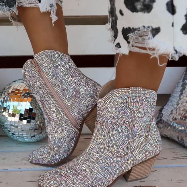 Boots Western Cowgirl Boots Women Pointed Toe Chunky High Heel Glitter Boots Fashion All Match Shiny Sparkle Booties Mujer 230829