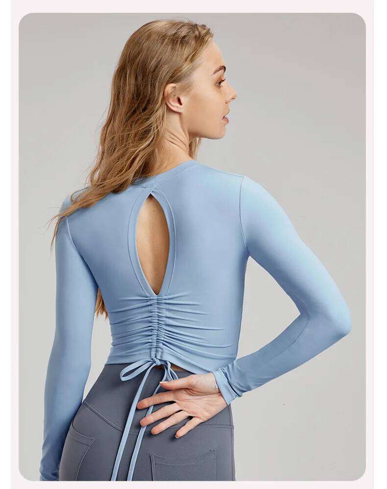 Autumn Winter Women Long Sleeve Back Hollow Out Drawstring T-shirt Elastic Breathable Pure Color Sports Gym Fiess Workout Top