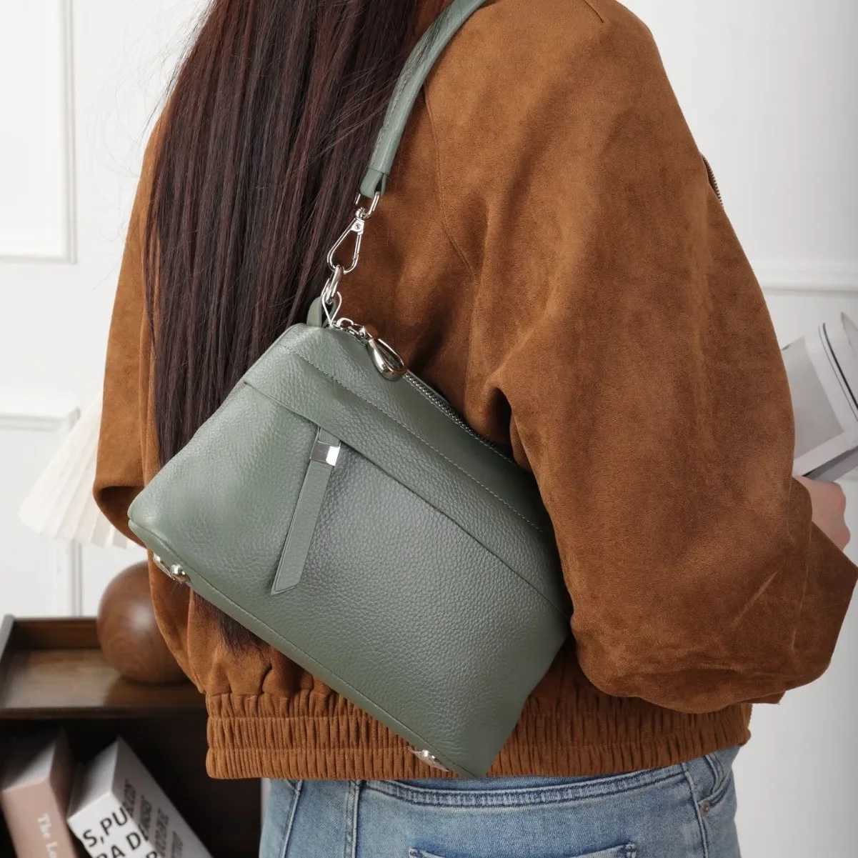 Head Layer Cowhide Leather Womens Shoulder Crossbody Bag Large Capacity Multi Compartment Handbag Casual Practical Armpit Bag Y250730