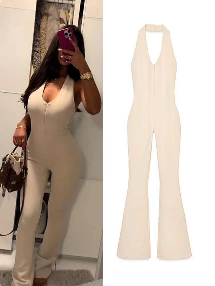 Fashion Halter Neck Flare Jumpsuit For Women Elegant Backless Sleeveless Slim Fit Stretch Romper Street Chic Bodysuits 250730