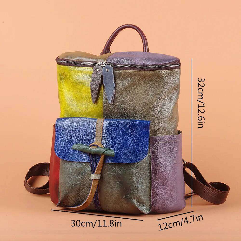 OLOEY Vintage Women's Leather Backpack Large Capacity Travel Bag, Handmade Cowhide Bucket Bag with Colorful Splicing Patchwork Design