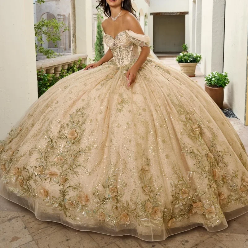 Champagne Shiny Quinceanera Dresses Ball Gown Off The Shoulder Applique Flower Beads Tull Party Birthday Sweet 16 Dress Vestidos 15 Anos