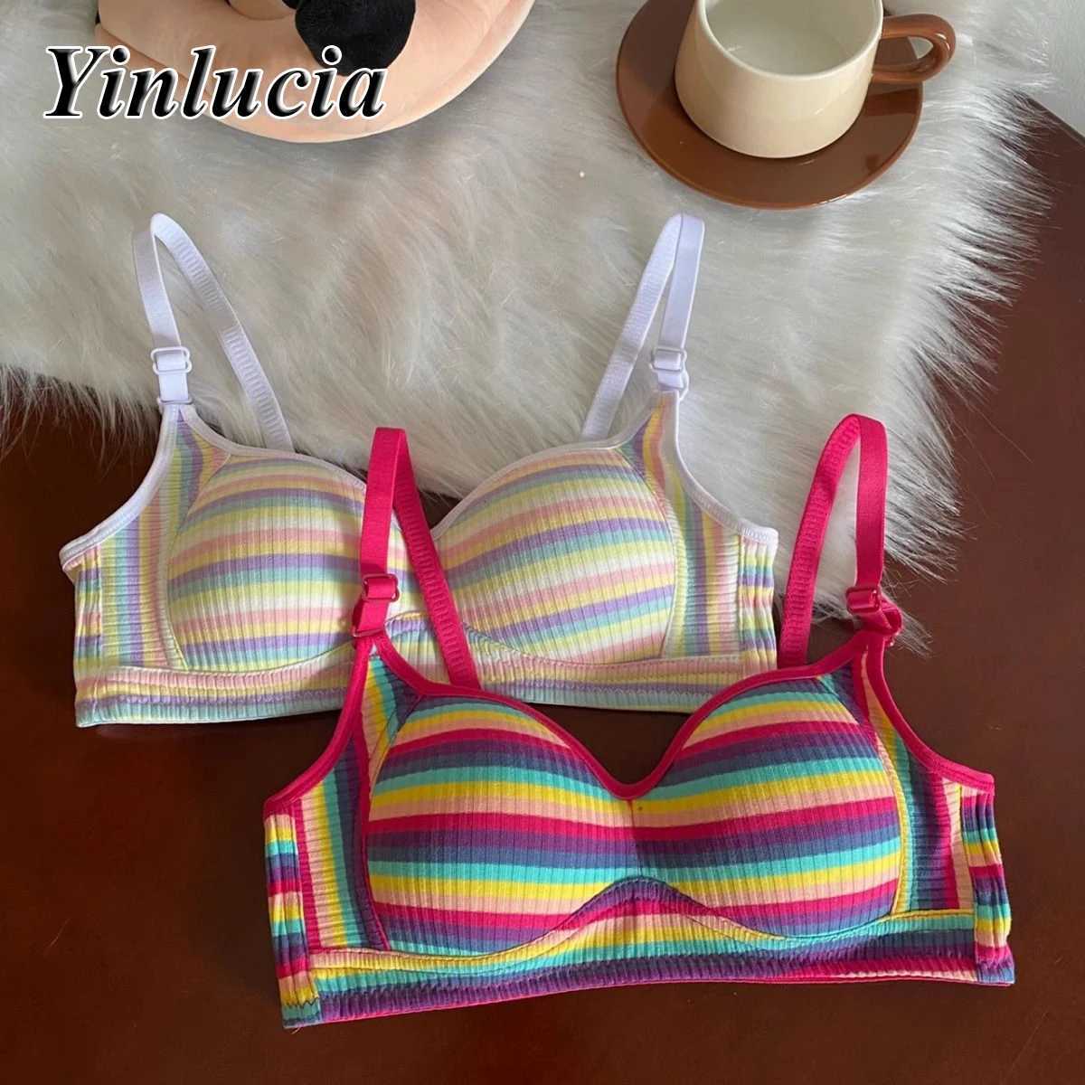 Vintage Lingerie Rainbow Stripes Bra Gathered Crop Top Underwear Push Up Bras New Summer Daily Soft Elastic Underwear Women Z250730
