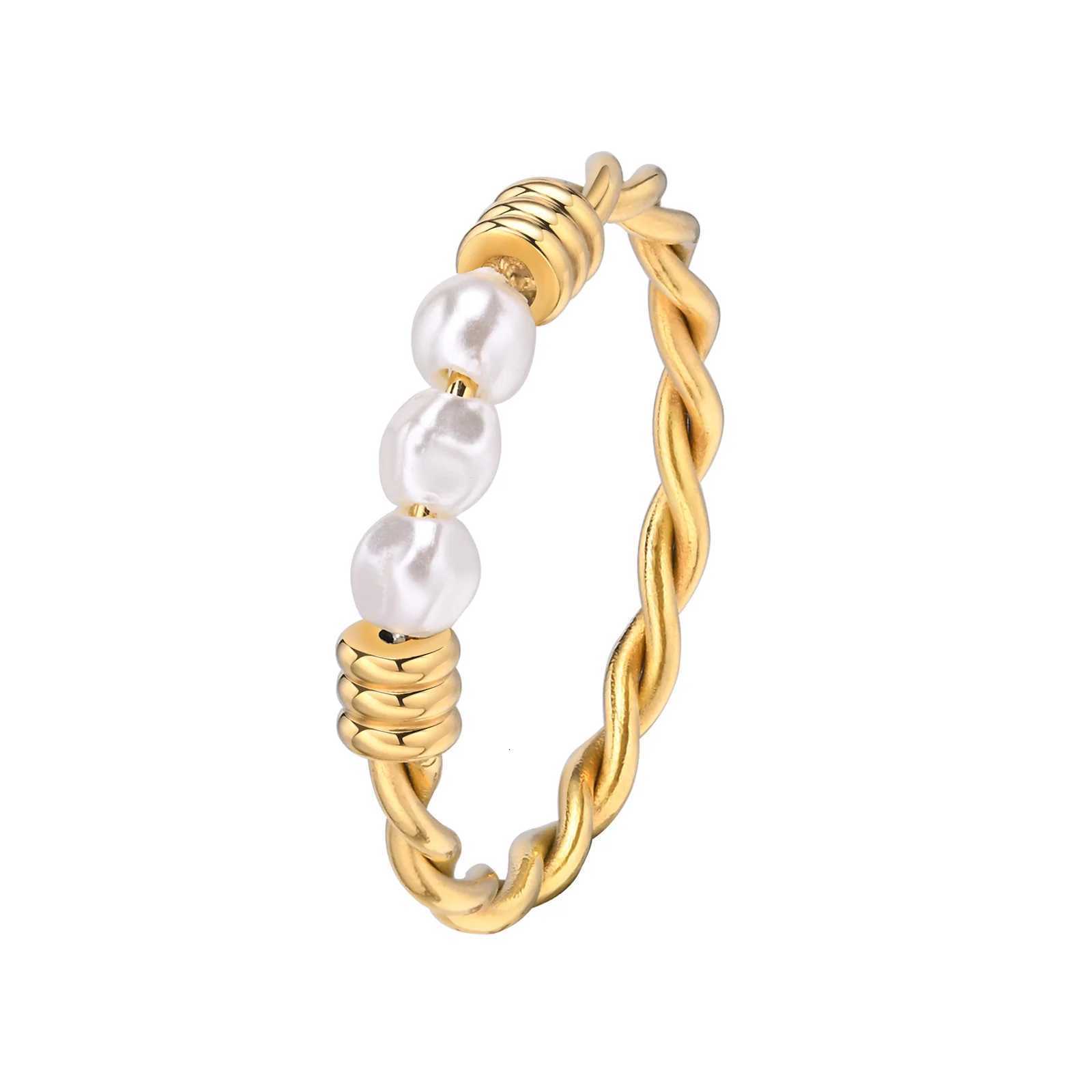 Stainless Steel Twist Braided Pearl Ring for Women Stackable Wedding Engagement Party Jewelry y250730
