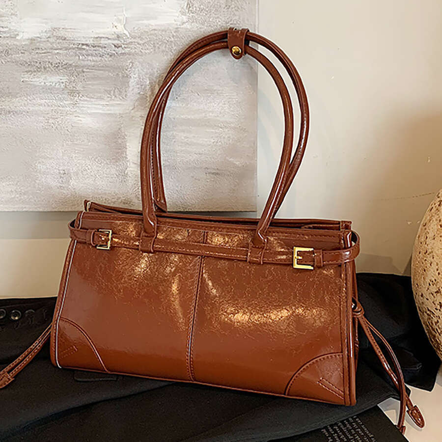 Handheld Shoulder Bag - Brown Lacquered Leather Commuter Big Bag, Fashionable and Versatile, Outdoor Women's Bag
