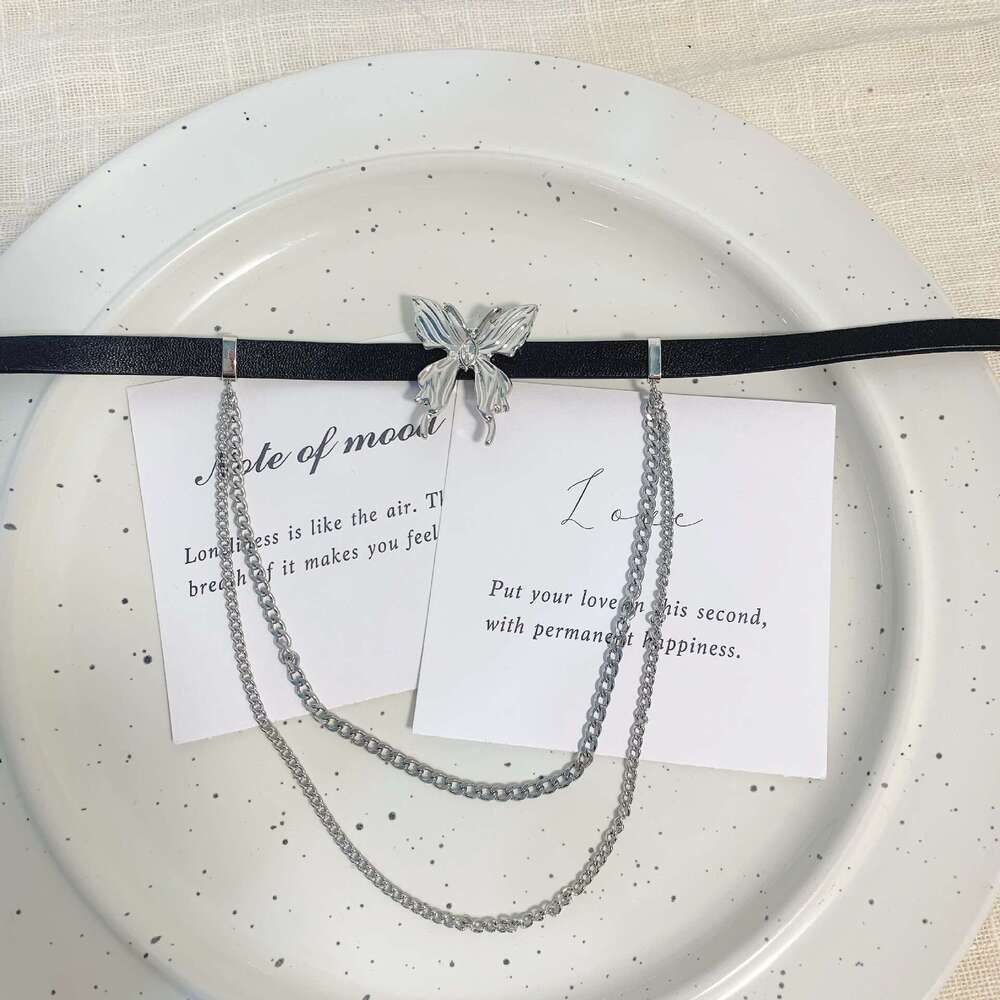 Fuxin Butterfly Tassel Necklace for Women, Niche Design, High-end Hot Girl Leather Cord Choker 6af