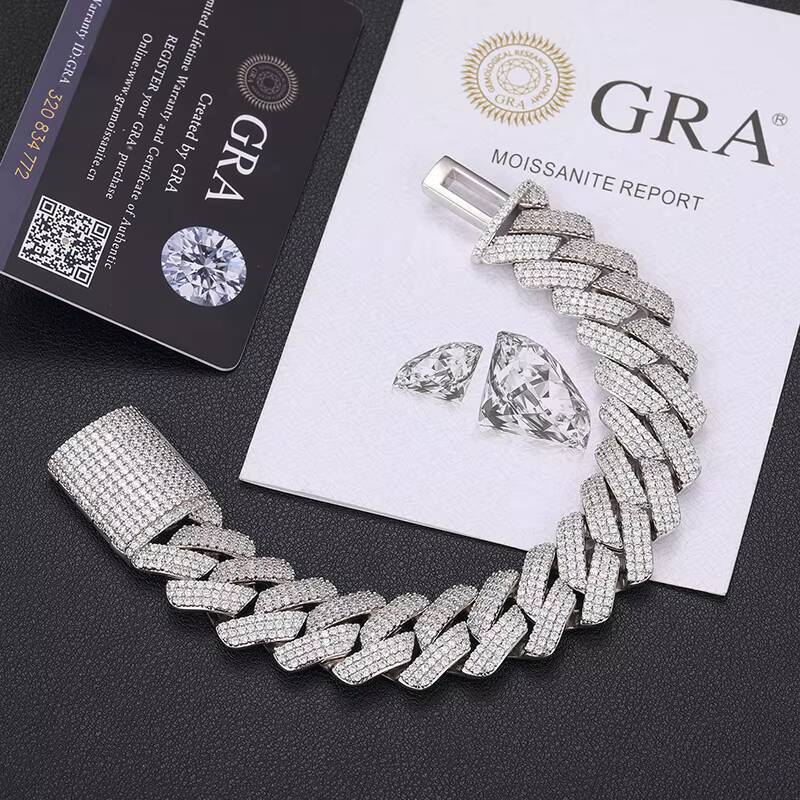 Fine Jewelry Hip Hop Men 20mm 925 Gold Plated Sterling Silver 3 Rows VVS Moissanite Diamond Cuban Link Bracelet