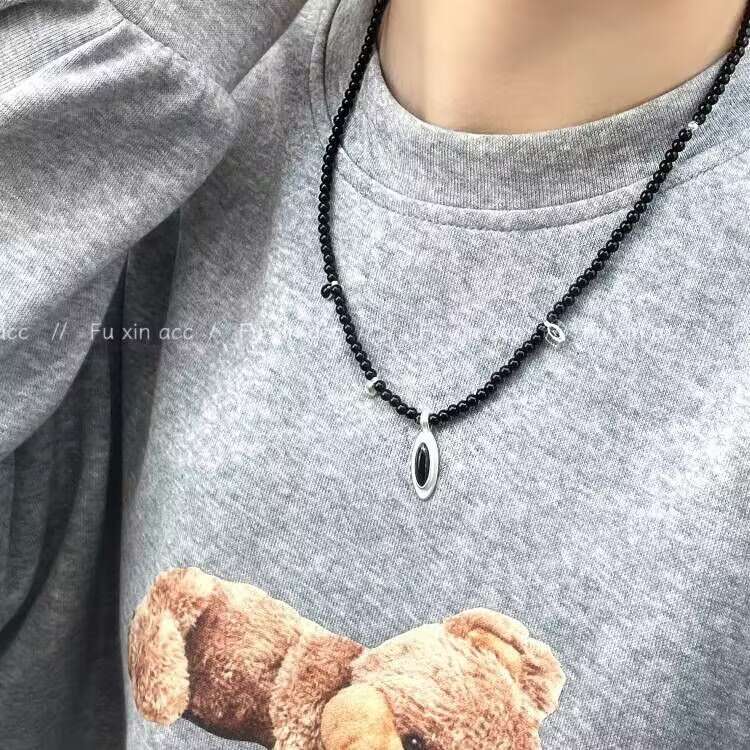 Black Onyx Beaded Korean New Necklace Fashion Versatile Sweet Cool Style Sweater Niche Design High-end Neck Chain b59