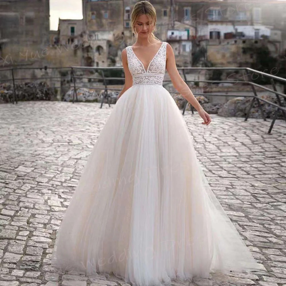 Elegant Sleeveless V Neck Wedding Dresses Sequins Applique Lace Bridal Gowns Formal Dress Plus Size Custom Made Vestido de novia