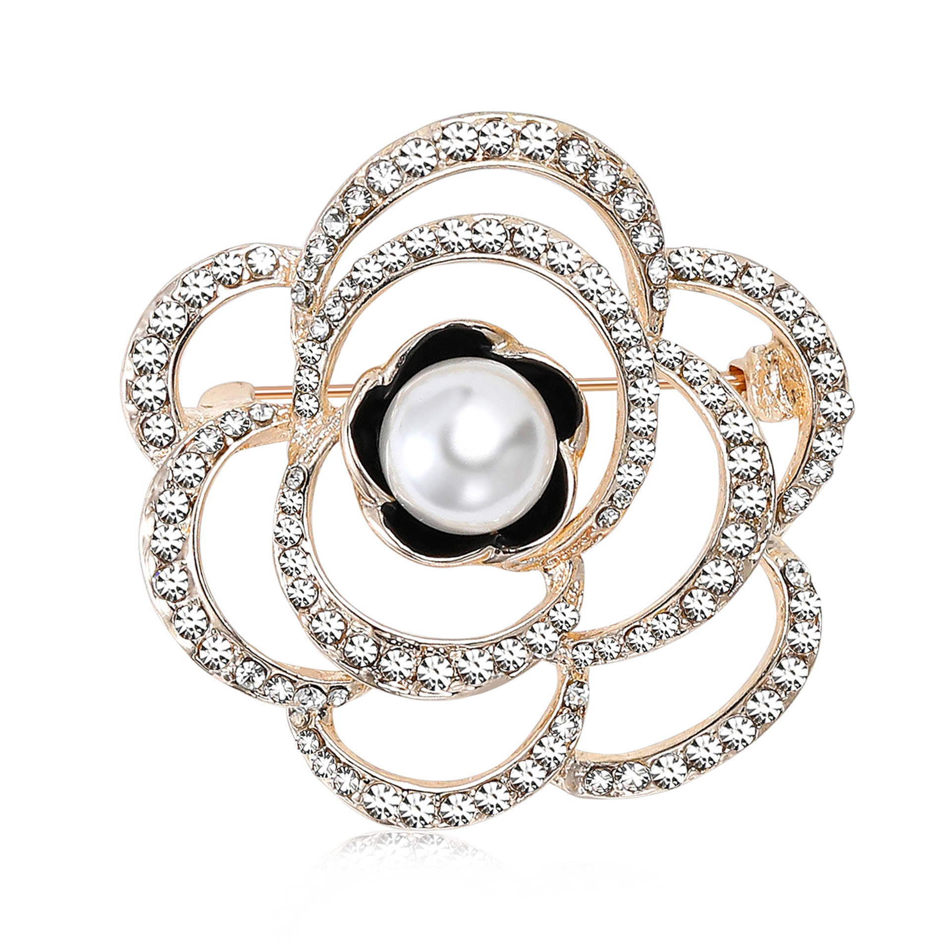 Silver Tone Rhinestone - Encrusted Camellia Flower Brooch With Pearl Center And Black Enamel Accents Elegant Party Jewelry Gift For Her High Quality J