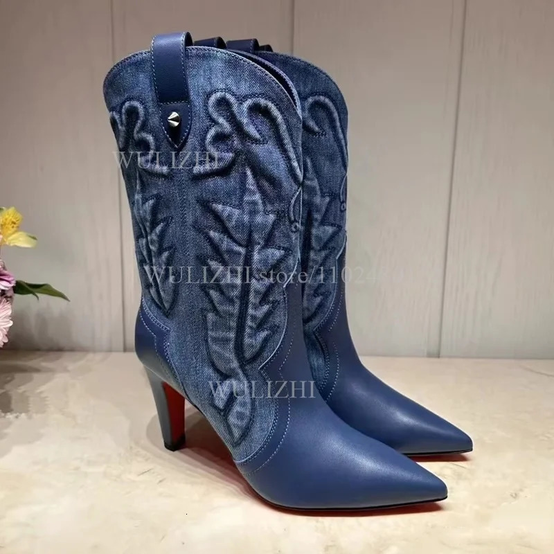 Denim Blue Totem Calf Boots Women Pointed Stilettos Red Heels Winter Zipper Casual Weave Office Lady n Graffiti Shoe 250729