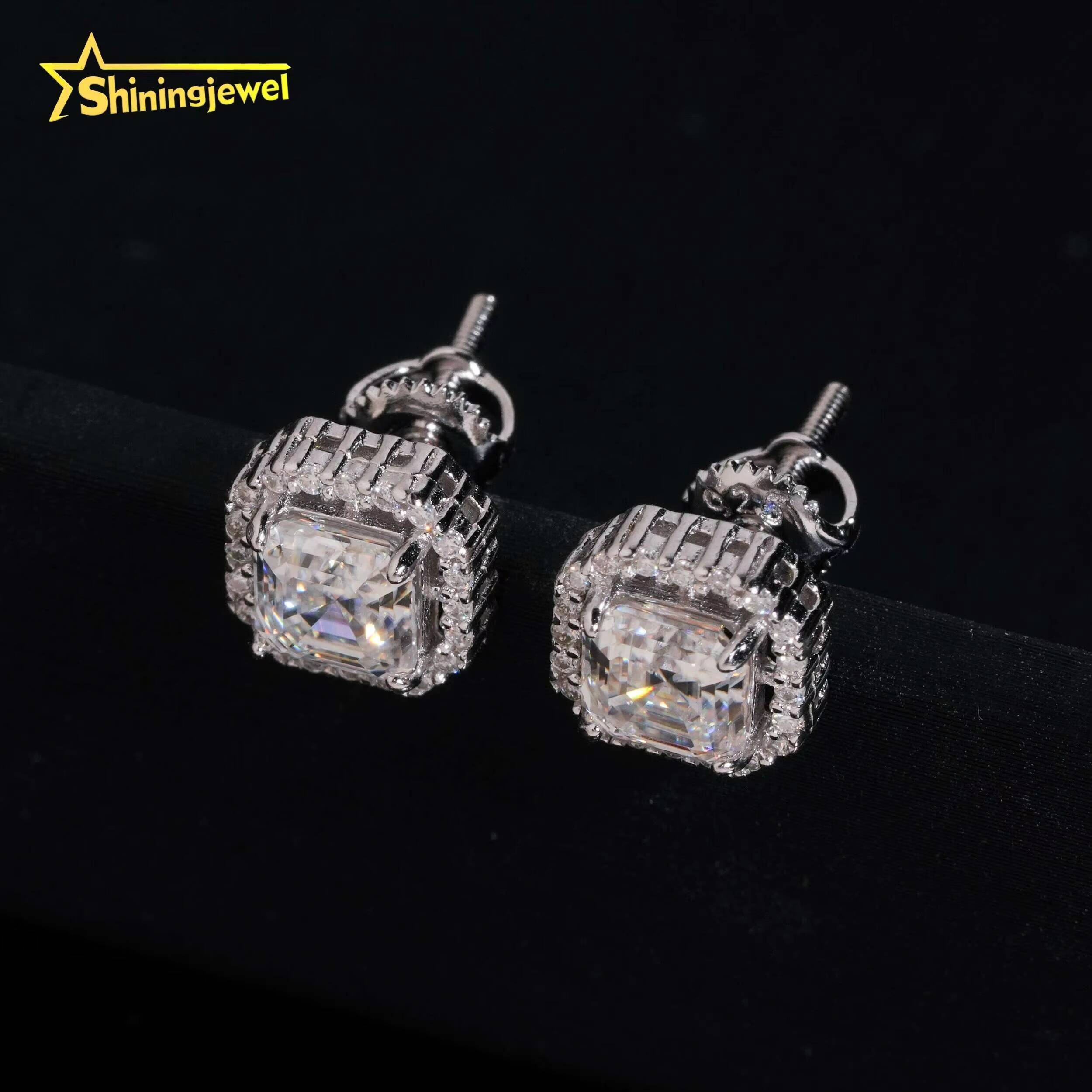 GRA Certified Hip Hop Moissanite Diamond Asscher Cut 5*5mm Halo Square 925 Sterling Silver Earrings