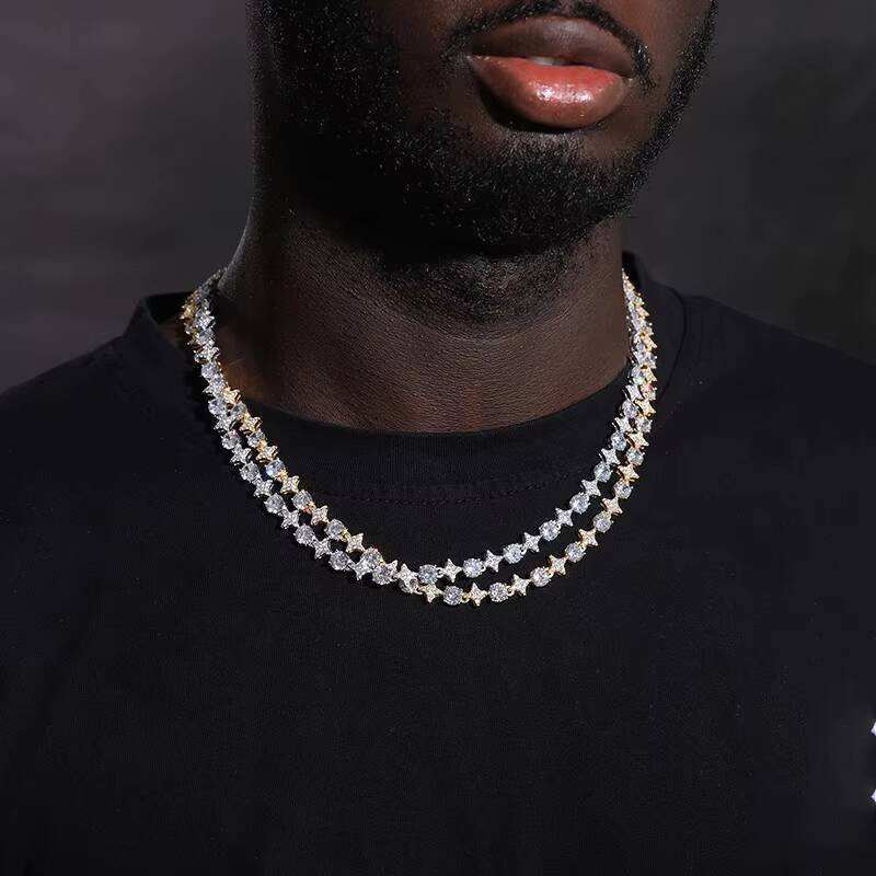 Bling Iced Out Mens Jewelry 925 Sterling Silver Star Round Moissanite Luxury Tennis Chain Necklace for Party