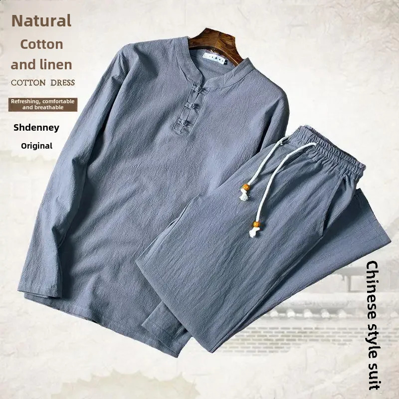Mens Loose-fit Linen Suit for Middle-aged and Senior Citizens Long Sleeve Spring Autumn Trousers Father-Son Style Cotton Linen Suit 250725