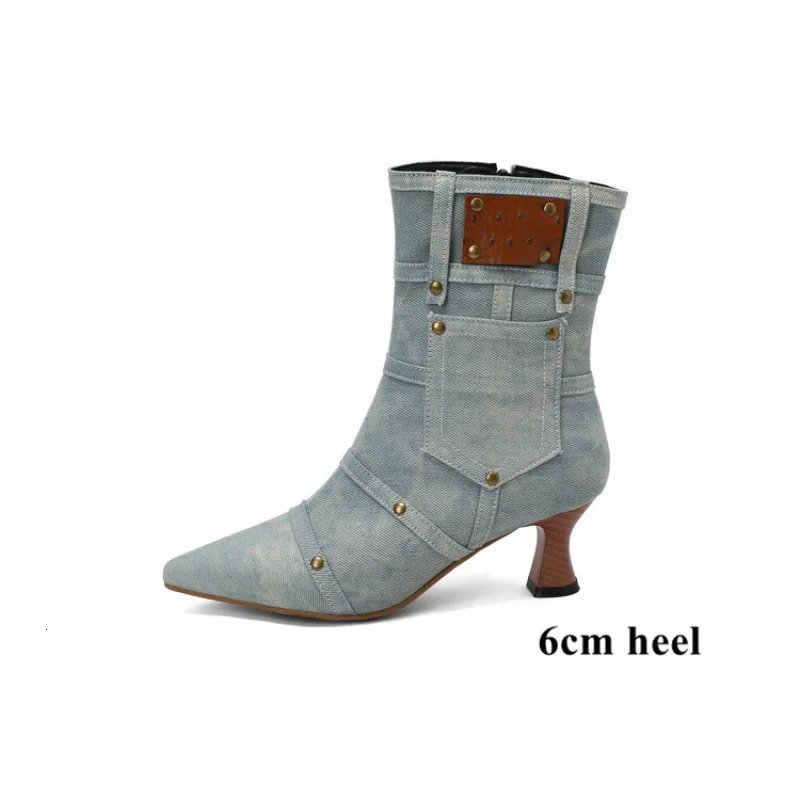 LeShion Of Chanmeb Big Size 48 Women Blue Denim Jeans Boots Spike Heels Zipper Pocket Punk Rivets Short Boots High-heeled Shoes 250729