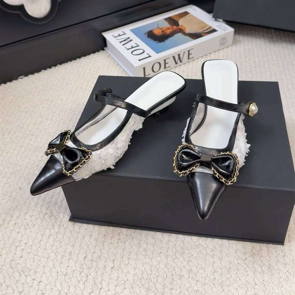 Shoes Women Size34-41 Genuine Leather Mules Med Heels Chain Butterfly Knot Slipper Pointed Toe Designer Shoe Zapatillas De Mujer 3f4