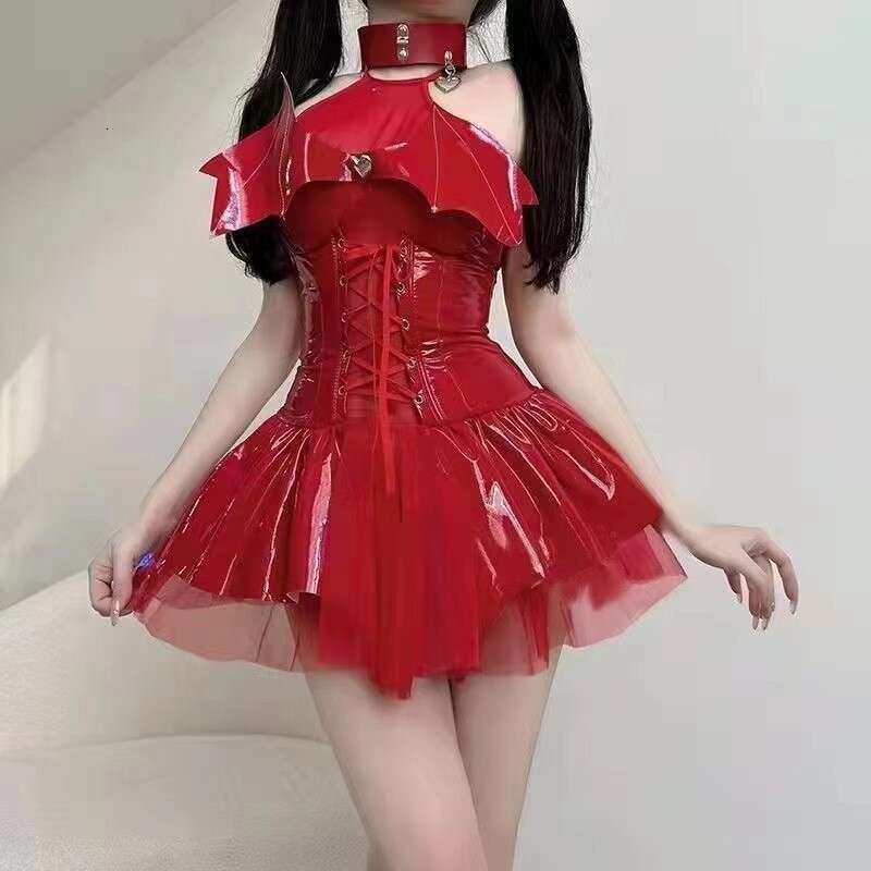 Ranshuo Sexy Lingerie Patent Devil Wings Uniform Cosplay Sheer Dress Halter Leather Jacket Set Short rompers