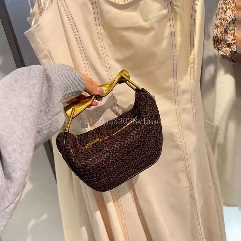 Rattan Half-Moon Tote Design Gold Handle Handbag Women's Woven Straw Bucket Bag Purse Casual Shopping Braided Bags