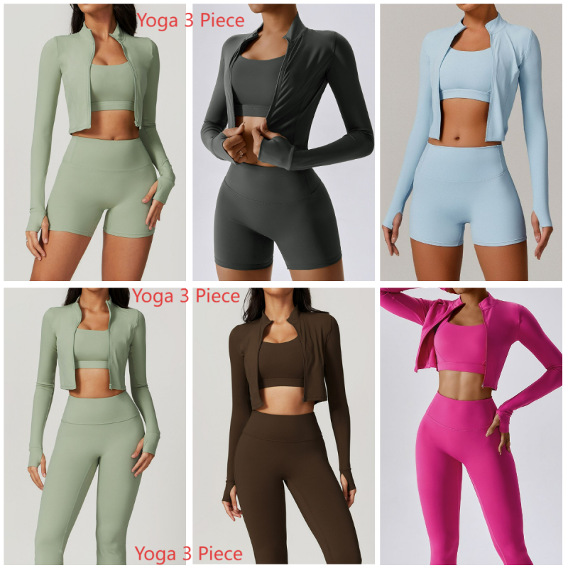 3 Piece Set Women Designer Winter Quick Dry Long Sleeve Yoga Set Outdoor Training Clothing Running Sports Fitness Set Gym Shark Cropped Defined Jacket Pilates Set