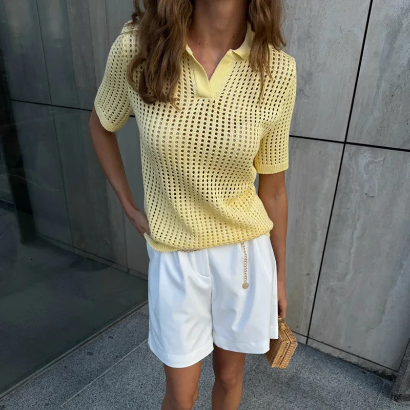 Elegant Hollow Out Pullover Fashion Lapel Collar Knit Polo Blouse Women Casual Short Sleeve Multicolor Shirt Tops w250729