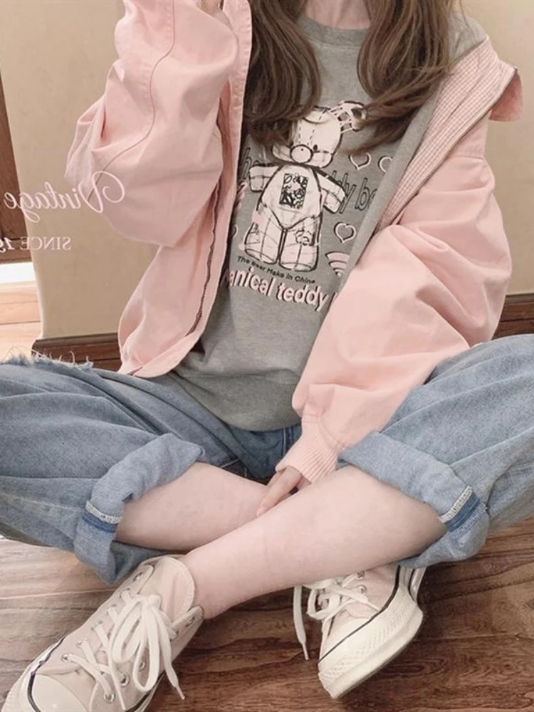 Xgoth Pink Jacket Women Spring Autumn Preppy Oversize Coat Casual Short Windbreaker Jacket Lovely Streetwear 250728