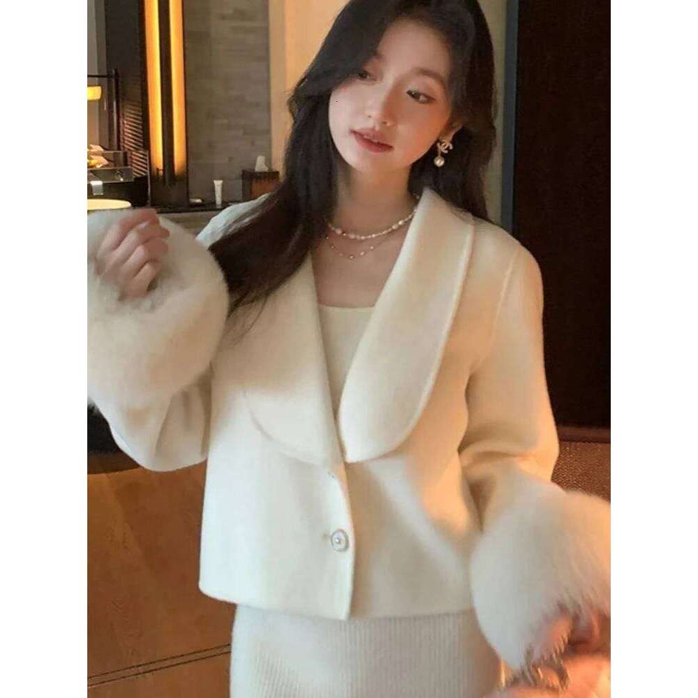 OFTBUY New Autumn Winter Clothes Women Short Real Fox Cuff Woolen Blends Jacket Fashion Warm Fur Collar Cashmere Wool Coat