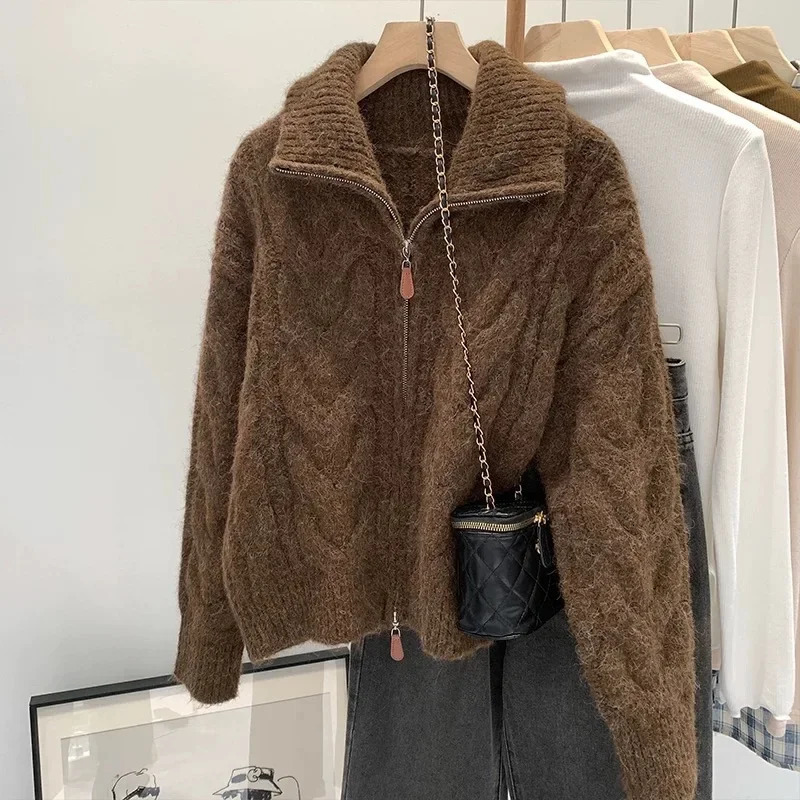 Women Autumn Winter Lazy Style Loose Knitted Cardigan Retro Solid Color Double Zipper Turndown Collar Sweater Top 250730