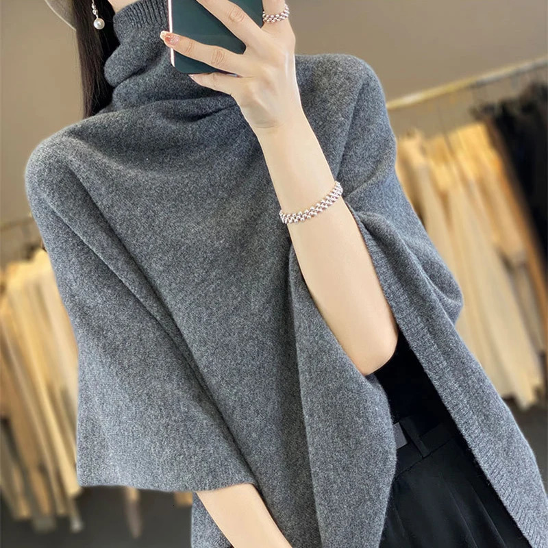 Turtleneck Cashmere Poncho Pullover Shawls 100%Wool Knitted Irregular Cloak Fashion Soft Warm Wollen Bat Sleeve Loose Pullovers 250729