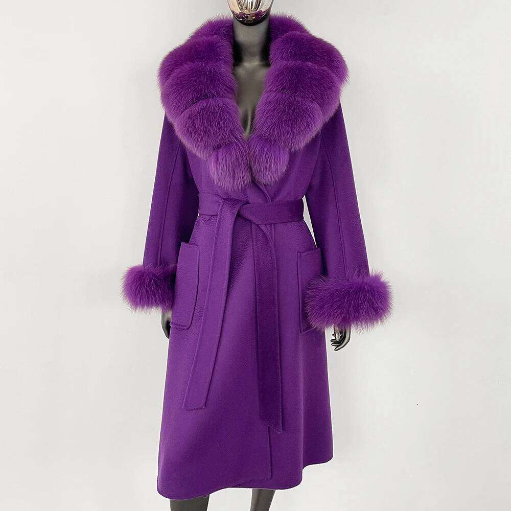 Designer Clothing GENHUA 2025 Fashion Casual Natural Fox Collar Belt Warm Wool Women Real Fur Coat Autumn Winter Woolen Jacket Female Fashion