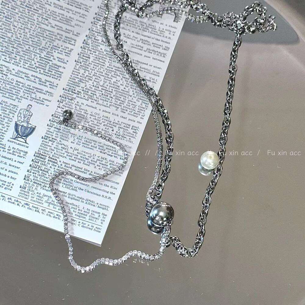 Metal Style Double Layer Stacked Double-Sided Dia Necklace Light High-End Round Bead Pendant Collarbone Trendy Sweater Chain 90f