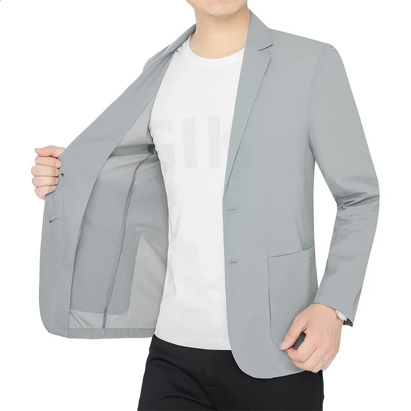 BROWON Brand Summer Men Blazers Gray Solid Color Thin Anti Wrinkle Quick Drying Soft Business Suit Blazer Jacket for Man 250724