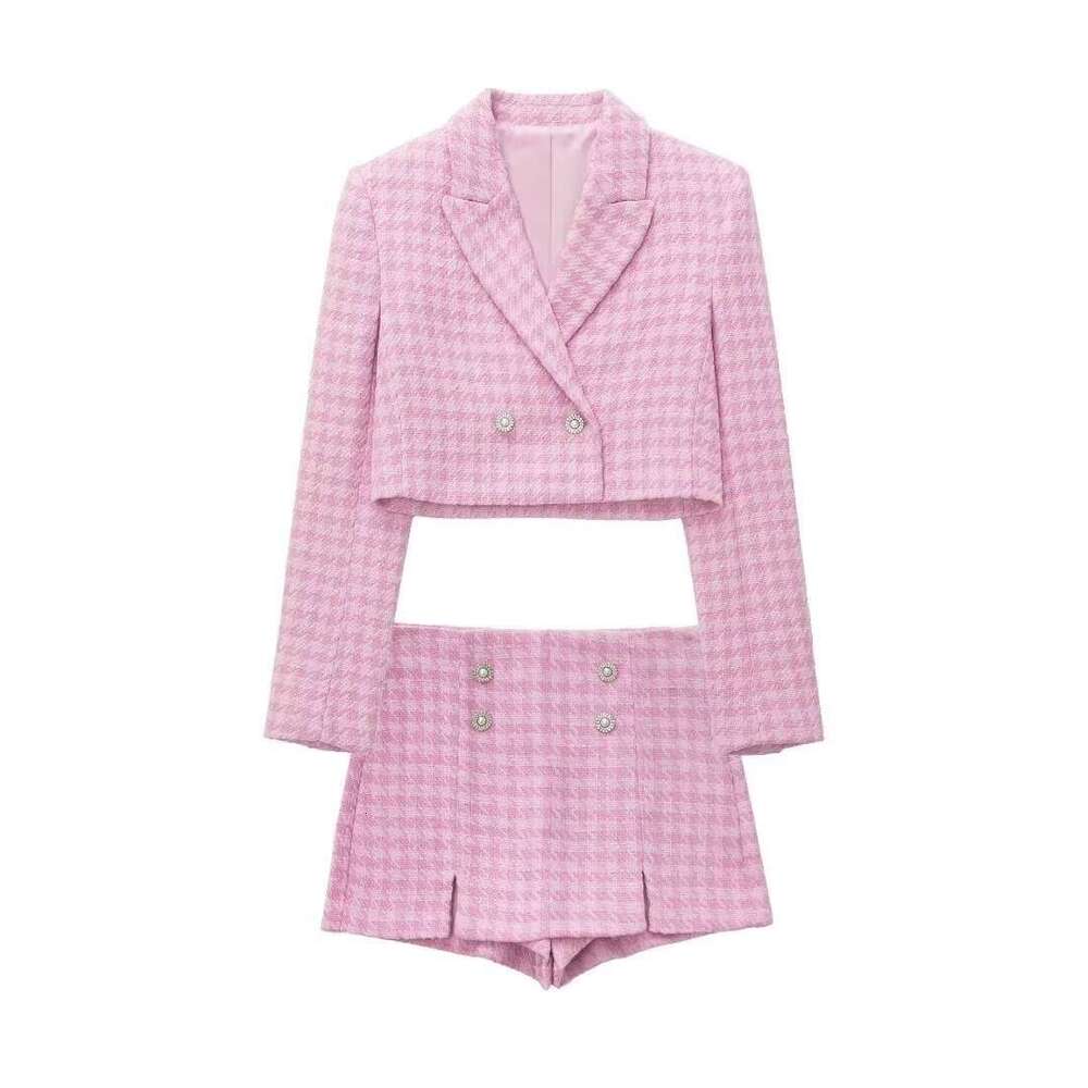 Women's Houndstooth Short Pink Plaid Blazer + Casual Textured Skirt Pants 2024 New Autumn Style
