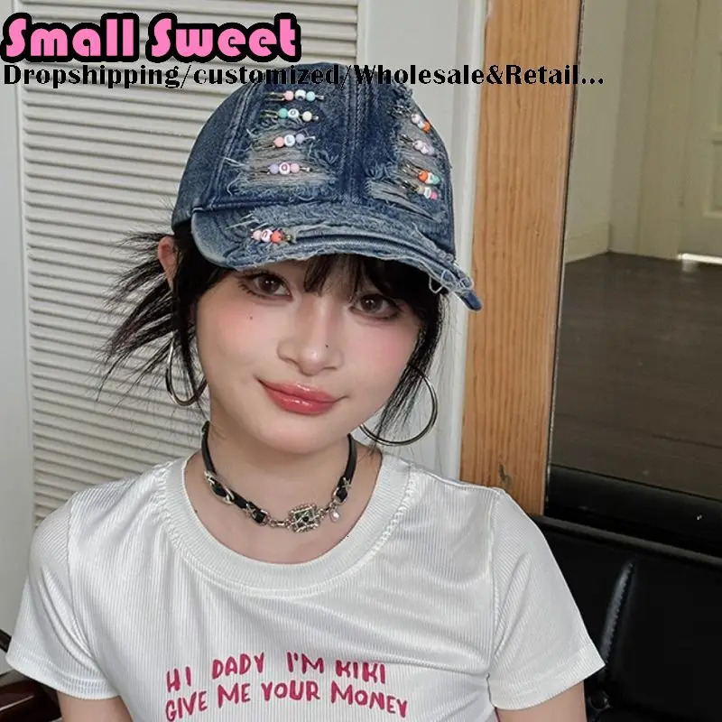 Gothic Lolita Y2k Girl Ears Denim Ripped Punk Baseball Cap Men Women Beg Ragged Old Rainbow Pins Streetwear Sunscreen Denim Cap 250730