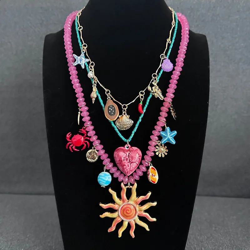 Summer Ocean Vacation Beaded Charms Sun Heart Conch Crab Pendant Necklaces for Women Beach Party Jewelry Neck Accessories 250716