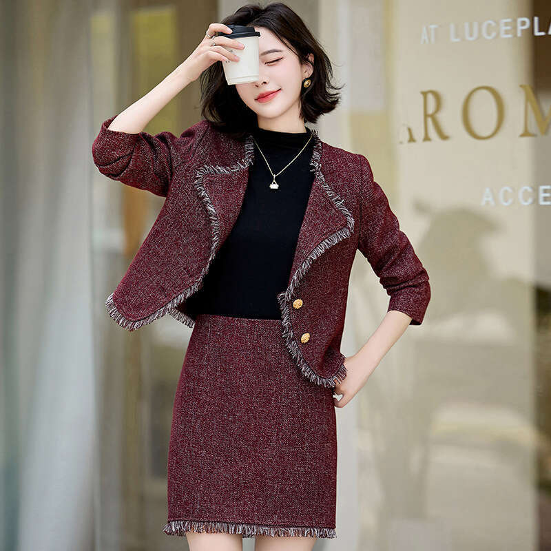 Fashion Casual Suit Autumn New Women's Long Sleeve Elegant Turn-Down Collar Woolen Coat and Skirt Two-Piece Set LT9676