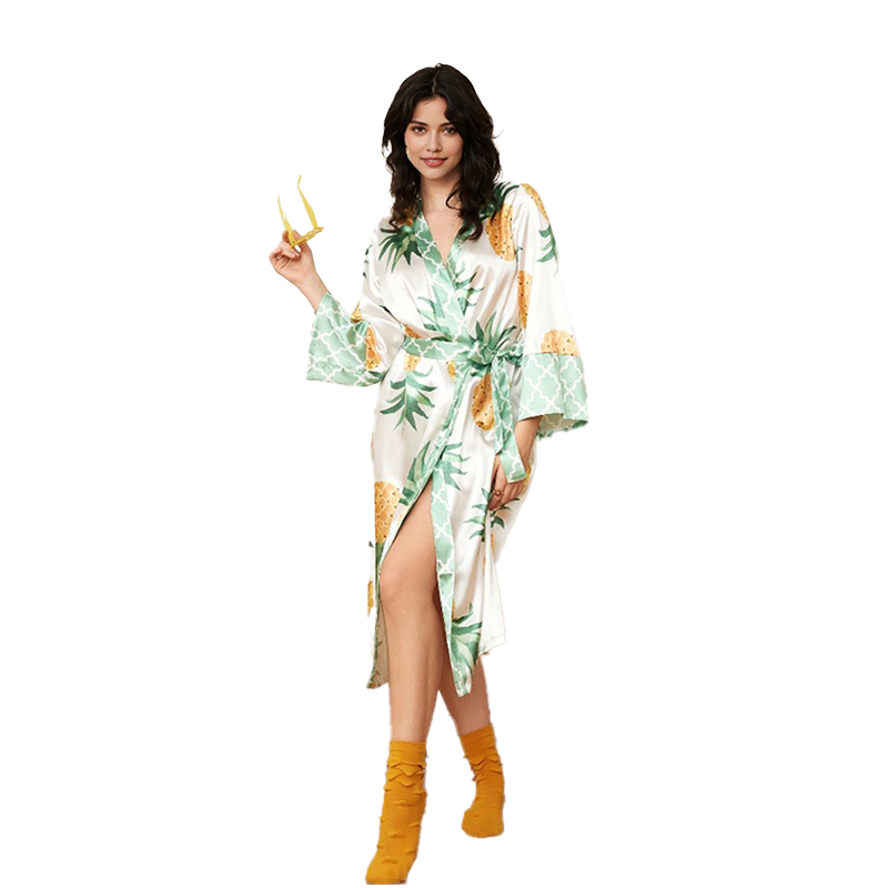 2025 New Women's Spring and Autumn Silk Satin Pineapple Print Long-Sleeved Long Nightgown Homewear
