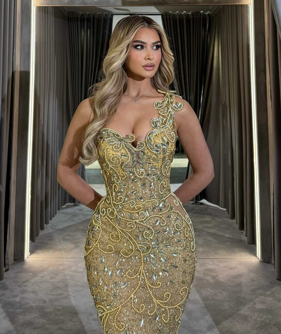 Luxury Gold Evening Dresses Mermaid One Shoulder Crystal Beading Reception Party Dresses Prom Gowns Customized