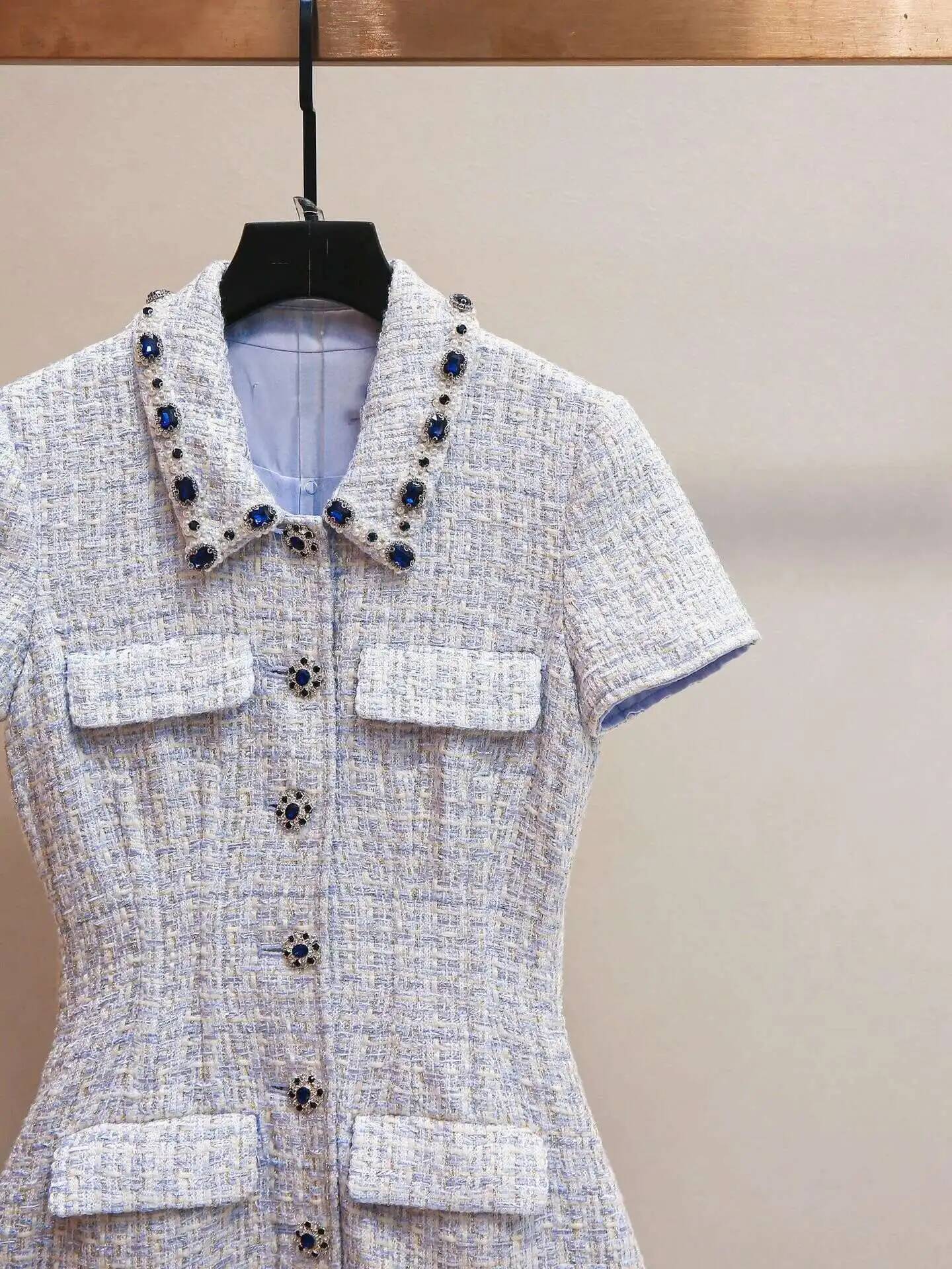 Summer Autumn Crystal Tweed Short Dress Shirt Women Sleeveless Beaded Dias Single Breasted Evening Party Dresses Lady dongdumaoyi