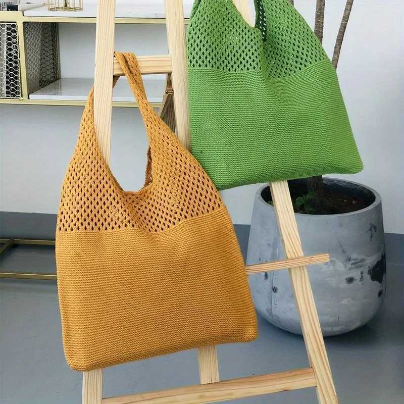 Aesthetic Hollow Out Crochet Bag Large Capacity Shoulder Bag Simple Knitted Tote Bag For Women Y250730