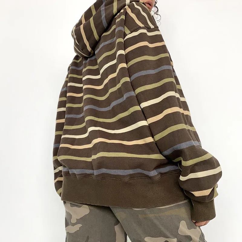Y2k Zip Up Striped Hoodie Women Oversized Goth Sweatshirt EGirl Grunge Long Sleeve Graphic Jacket Fall Streetwear 250730