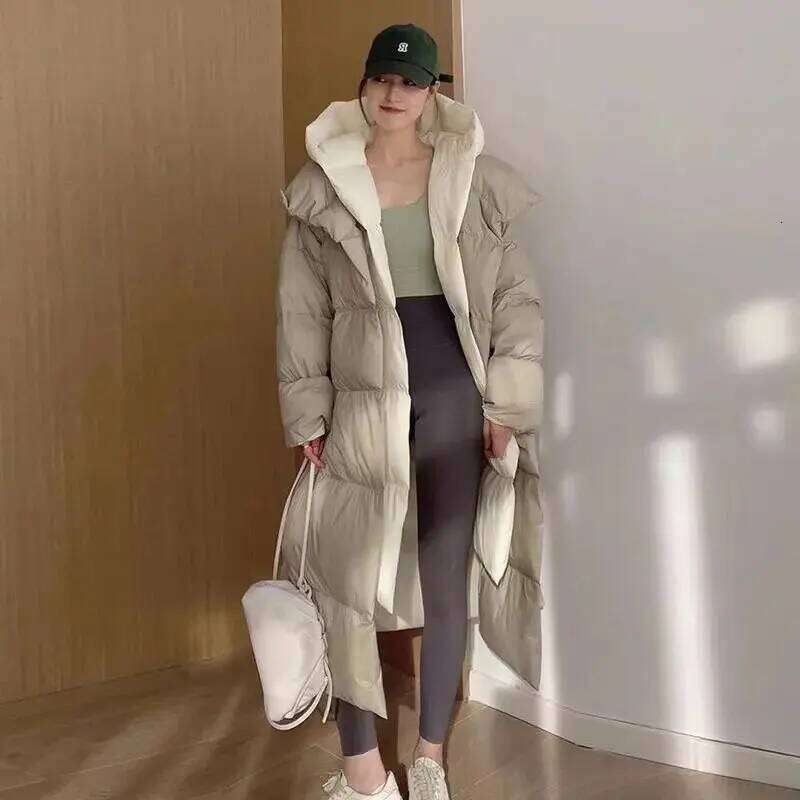 New White Duck Hooded Fake Two Piece Long Knee Down Jacket Winter Women's Warm Pike Coat 250728