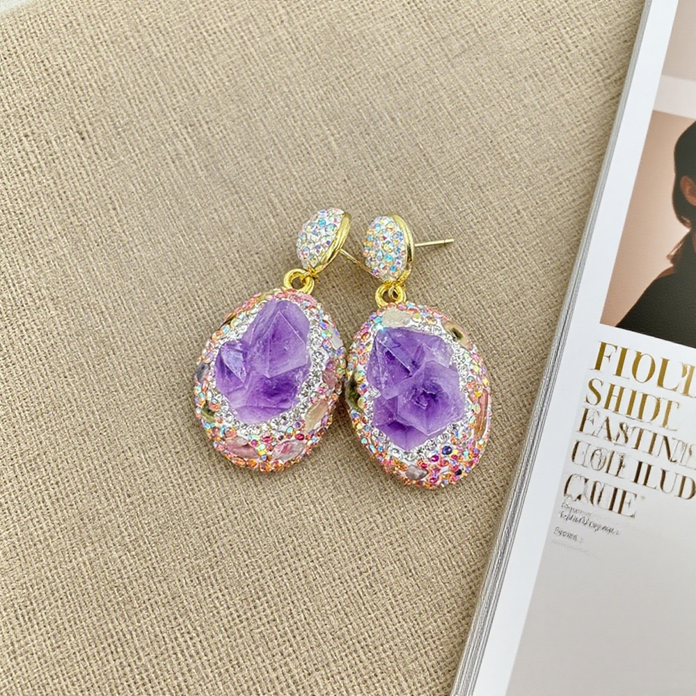 Luxury 3 in 1 Rough Natural Amethyst Crystal Set for Women Personalized Raw Stone Necklace Earrings Rings Quartz Jewelry Party Gifts