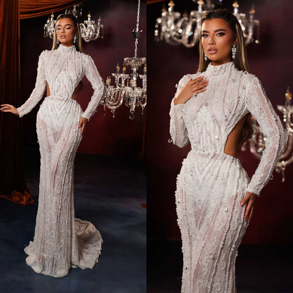 Elegant Mermaid Wedding Dress High Collar Long Sleeves Bridal Gowns Pearls Beaded Sweep Train Dresses Custom Made vestidos de novia